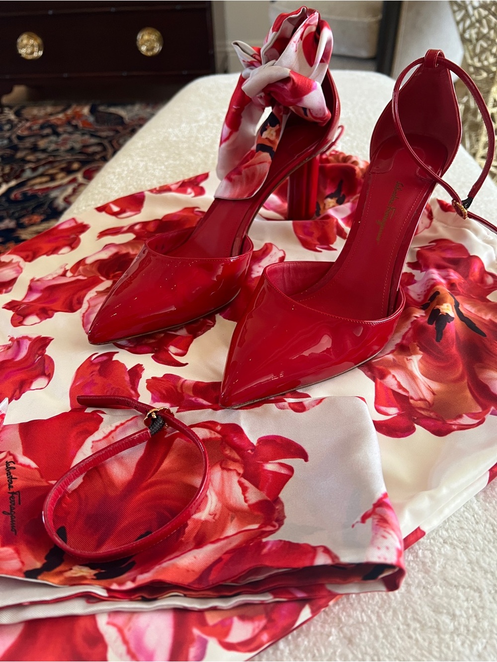 Salvatore Ferragamo Red Patent Pointed-Toe Slingback Pumps with Ankle Tie - Picture 2 of 10
